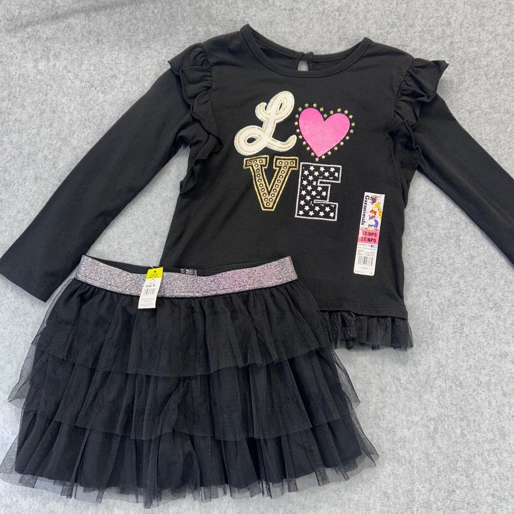 LOVE Graphic Girls Black Garanimals Tee Danskin Tutu Skirt Set Glitter Ruffle 5T